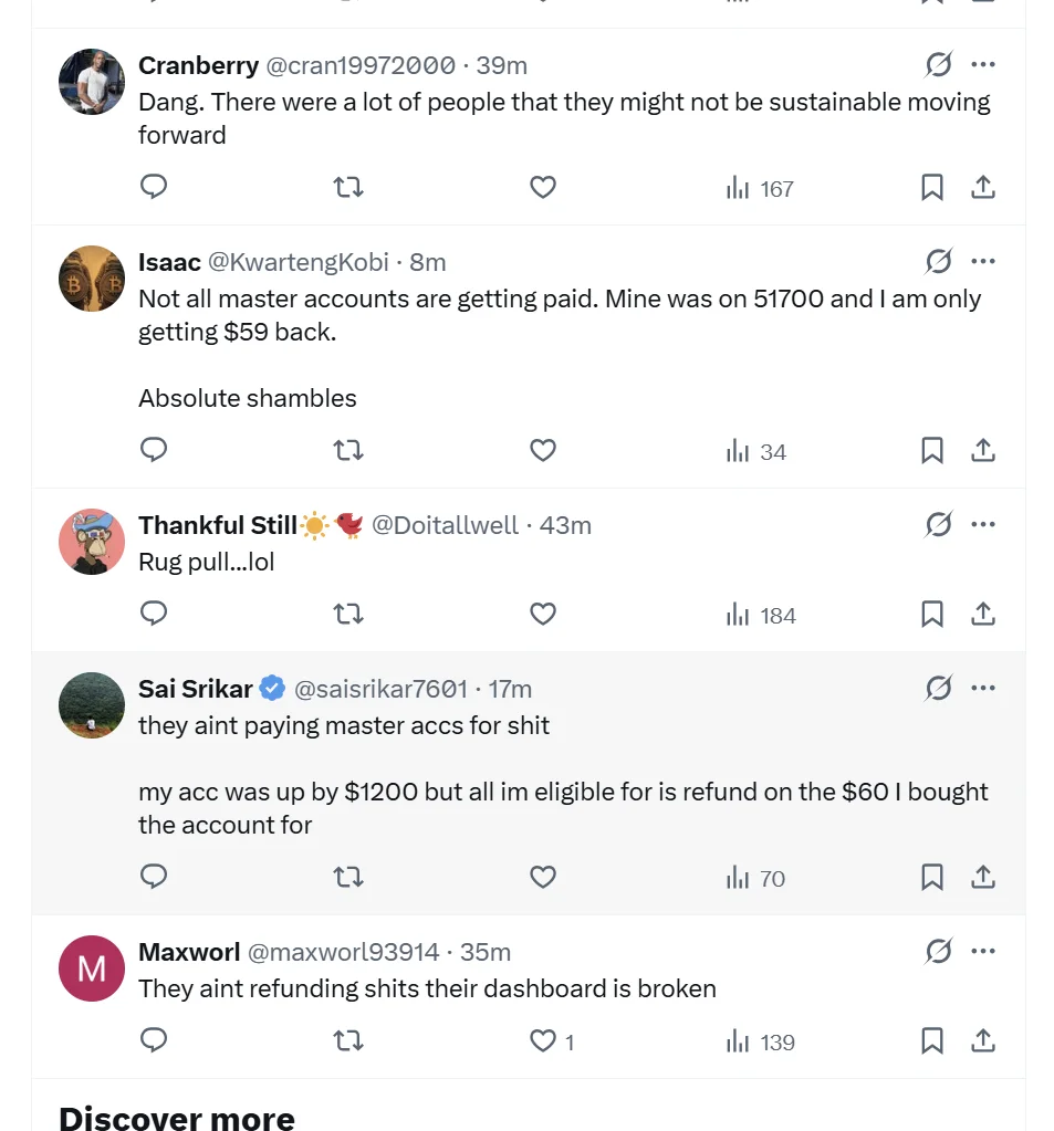 Twitter reaction from trader showing $51,700 profit getting only $59 refund