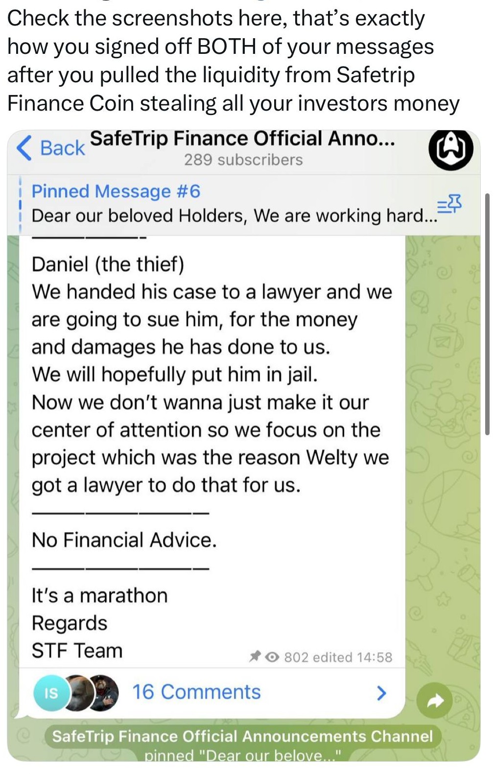 SafeTrip Telegram blaming Daniel the thief