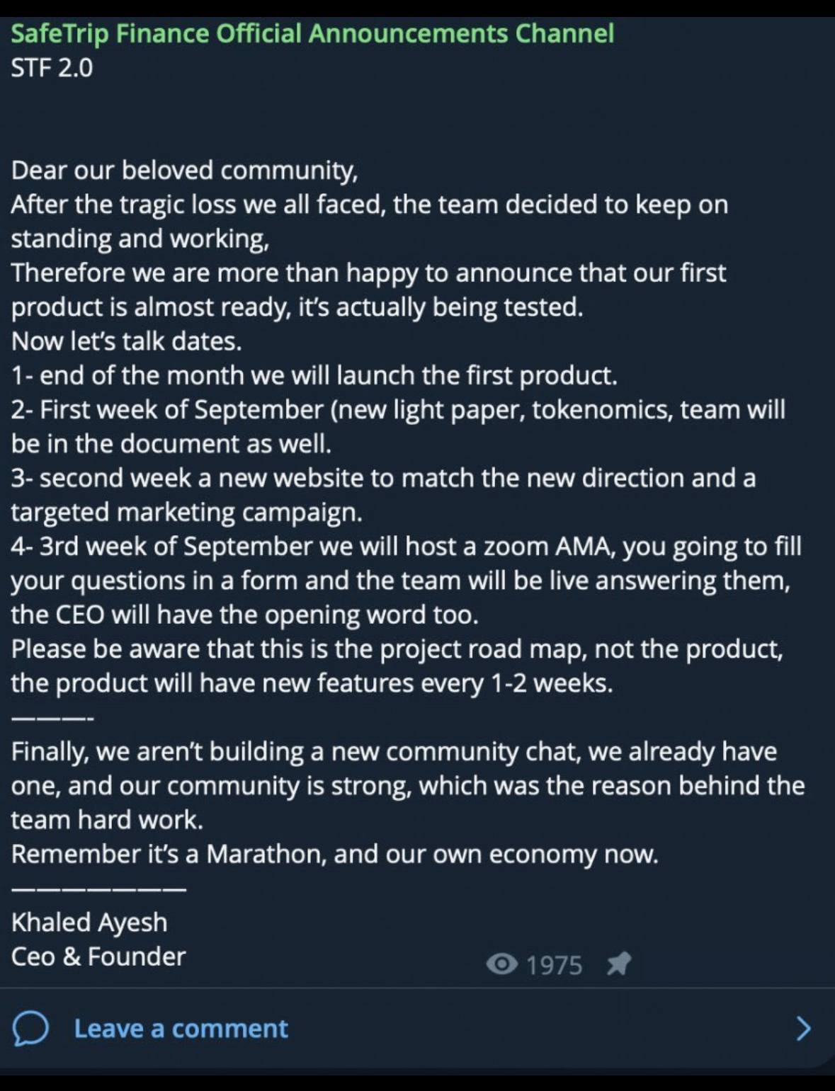 SafeTrip Telegram message signed by Khaled Ayesh CEO