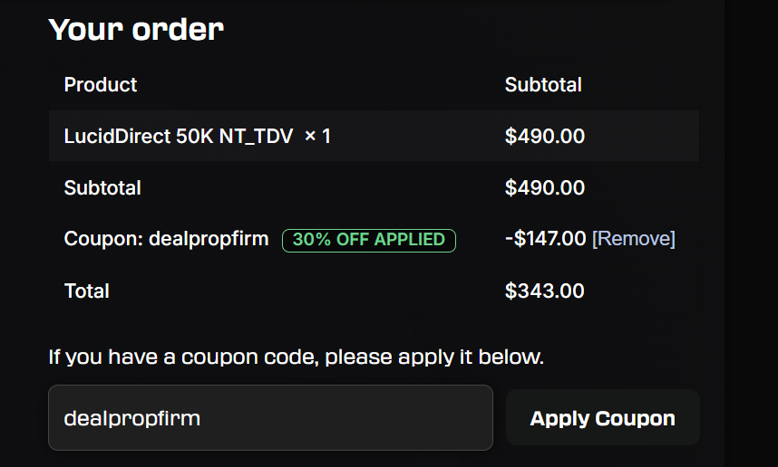 Screenshot proof of DEALPROPFIRM code on LucidDirect 50K - 30% discount applied showing $490 reduced to $343