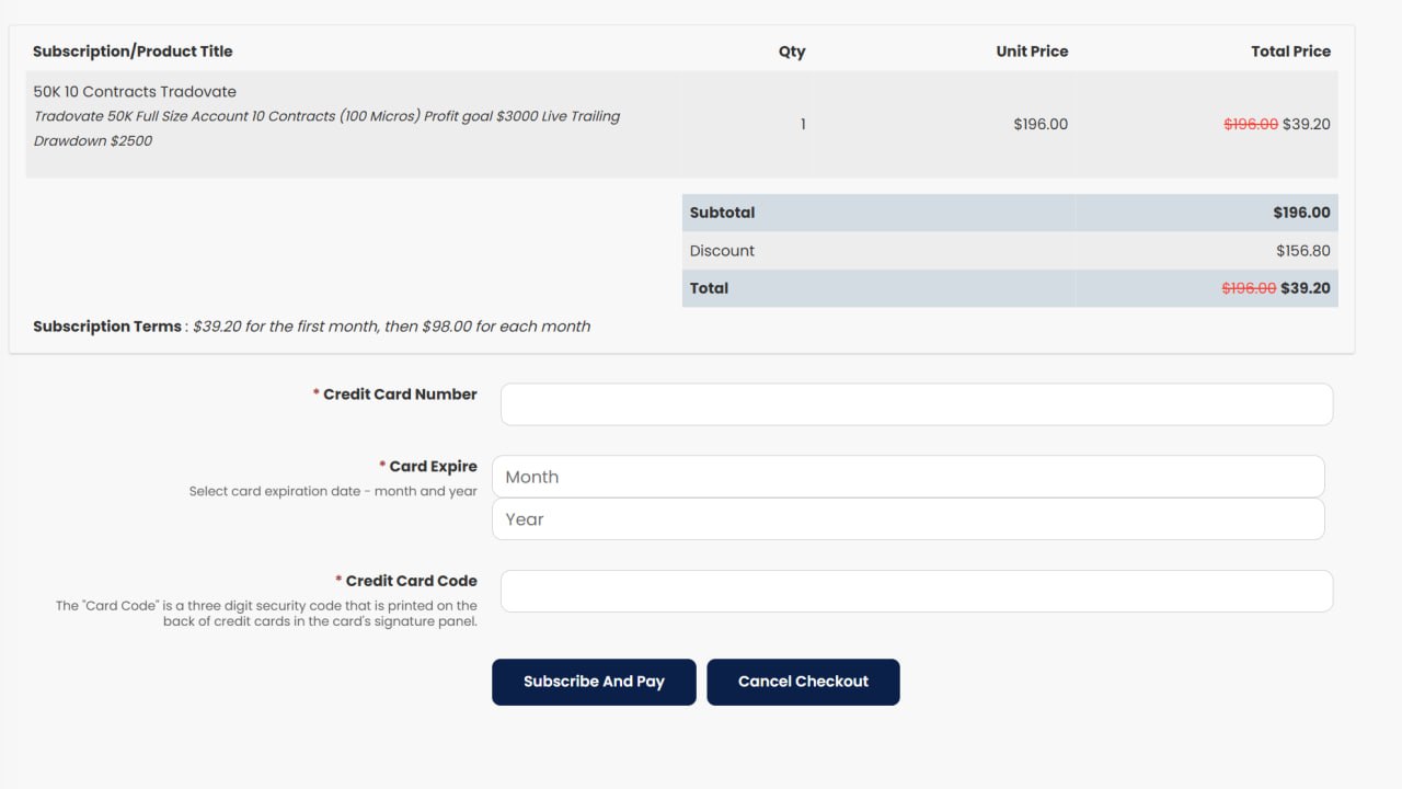 Screenshot proof of ZECHNXCE code on Apex Trader Funding 50K - 90% discount applied showing $197 reduced to $19.70