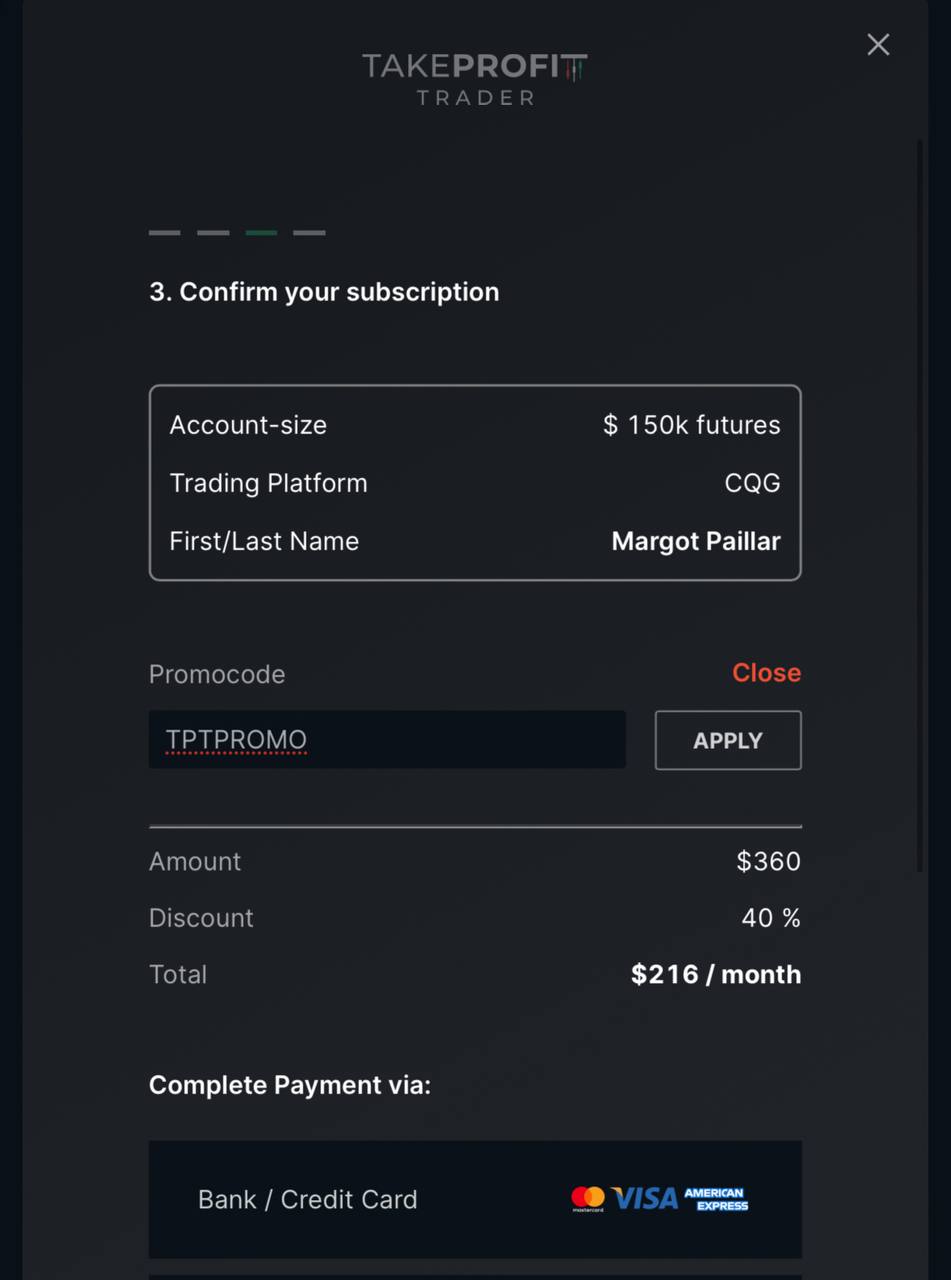 Screenshot proof of TPTPROMO code on Take Profit Trader 150K - 40% discount applied showing $360 reduced to $216/month