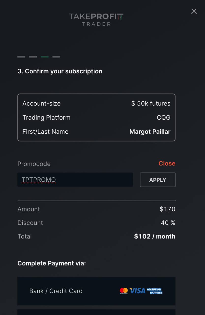 Screenshot proof of TPTPROMO code on Take Profit Trader 50K - 40% discount applied showing $170 reduced to $102/month